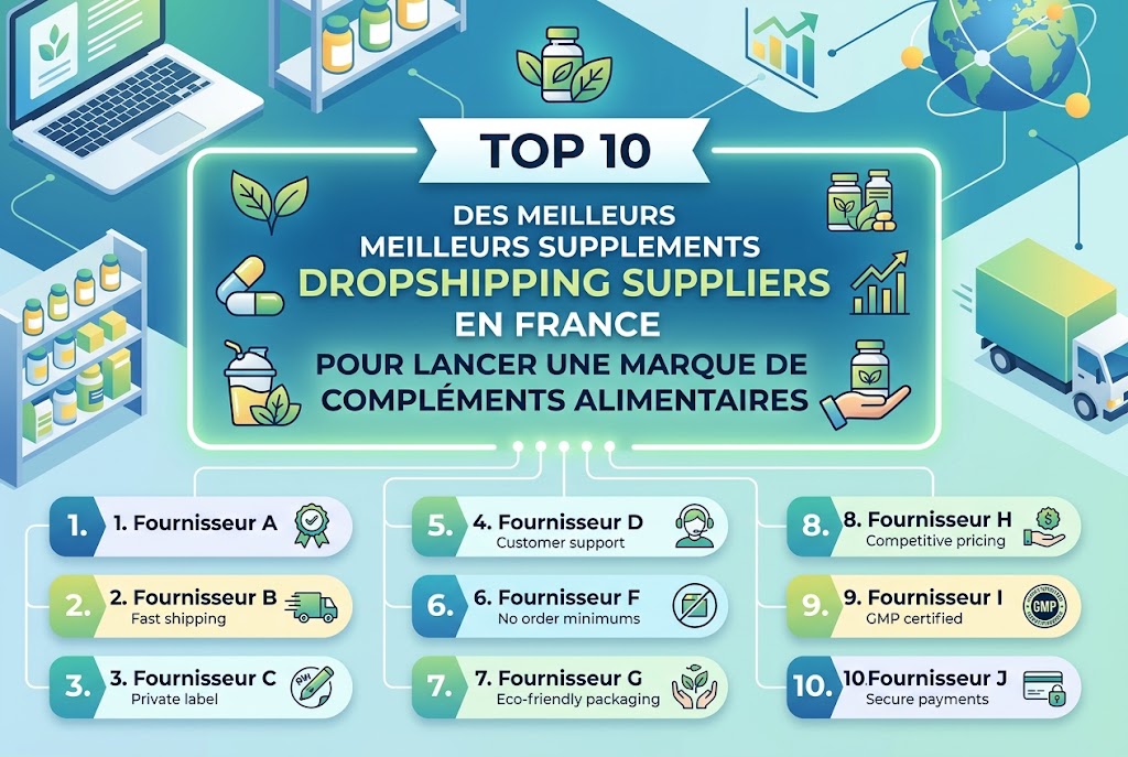 Top 10 des meilleurs supplements dropshipping suppliers en France pour lancer une marque de compléments alimentaires